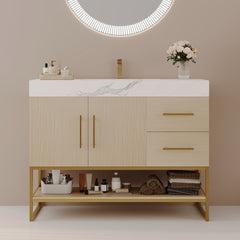 36" Modern Bathroom Vanity with Seamless Ceramic Sink & Gold Accent Free Standing Cabinet