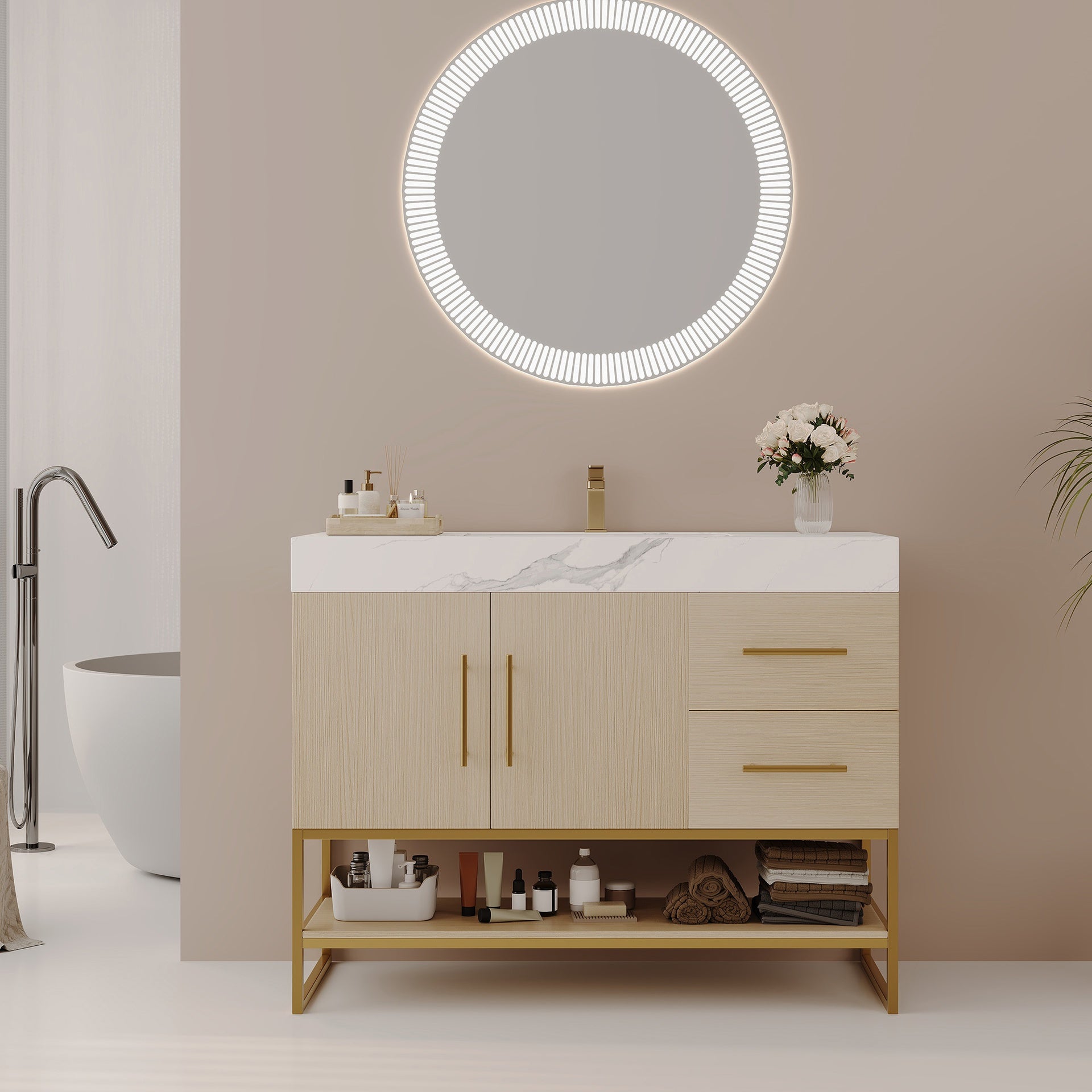 36" Modern Bathroom Vanity with Seamless Ceramic Sink & Gold Accent Free Standing Cabinet