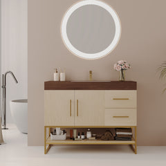 36" Modern Bathroom Vanity with Seamless Ceramic Sink & Gold Accent Free Standing Cabinet
