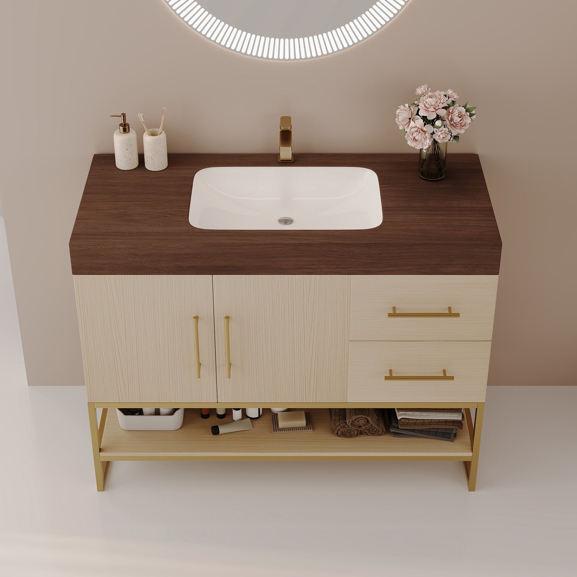 36" Modern Bathroom Vanity with Seamless Ceramic Sink & Gold Accent Free Standing Cabinet