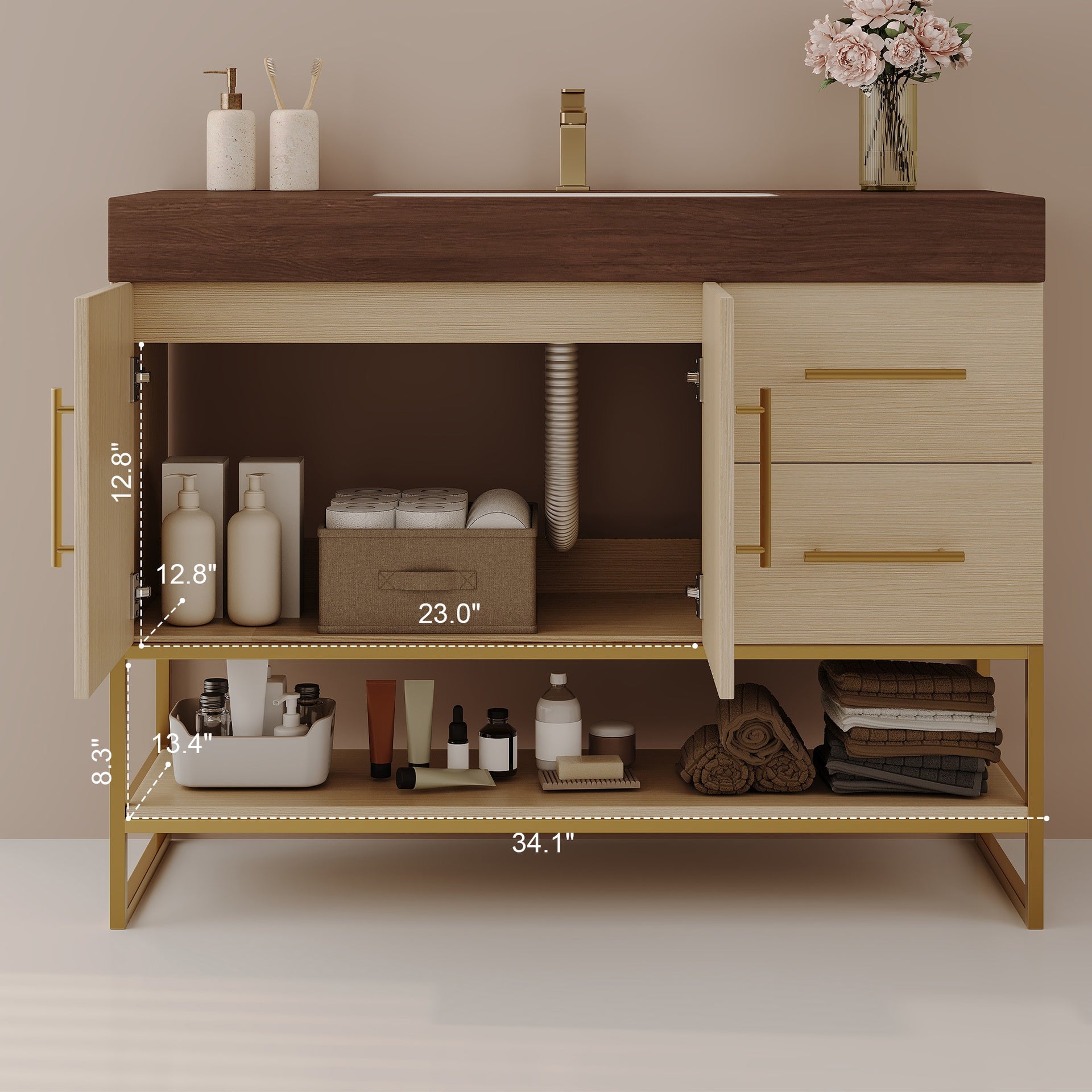 36" Modern Bathroom Vanity with Seamless Ceramic Sink & Gold Accent Free Standing Cabinet