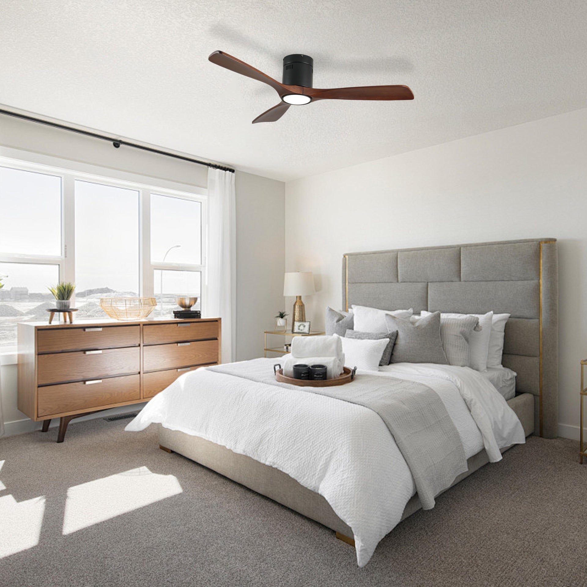 52 Inch Ceiling Fan with Light, 3 Solid Wood Blades,Remote Control,6-speed Reversible DC Motor for Bed Room,Dining Room,Living Room.