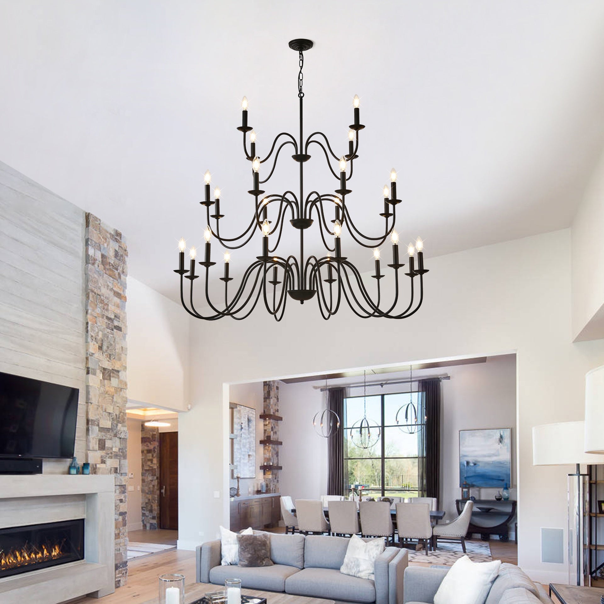Farmhouse Chandelier, Black Metal Chandeliers  Light Fixtures Industrial for High Ceiling Living Dining Room Foyer. Adjustable Height-E12