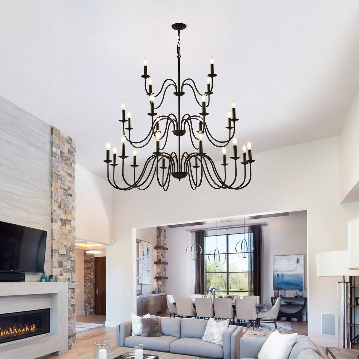 Farmhouse Chandelier, Black Metal Chandeliers  Light Fixtures Industrial for High Ceiling Living Dining Room Foyer. Adjustable Height-E12
