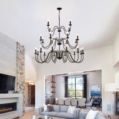 Farmhouse Chandelier, Black Metal Chandeliers  Light Fixtures Industrial for High Ceiling Living Dining Room Foyer. Adjustable Height-E12