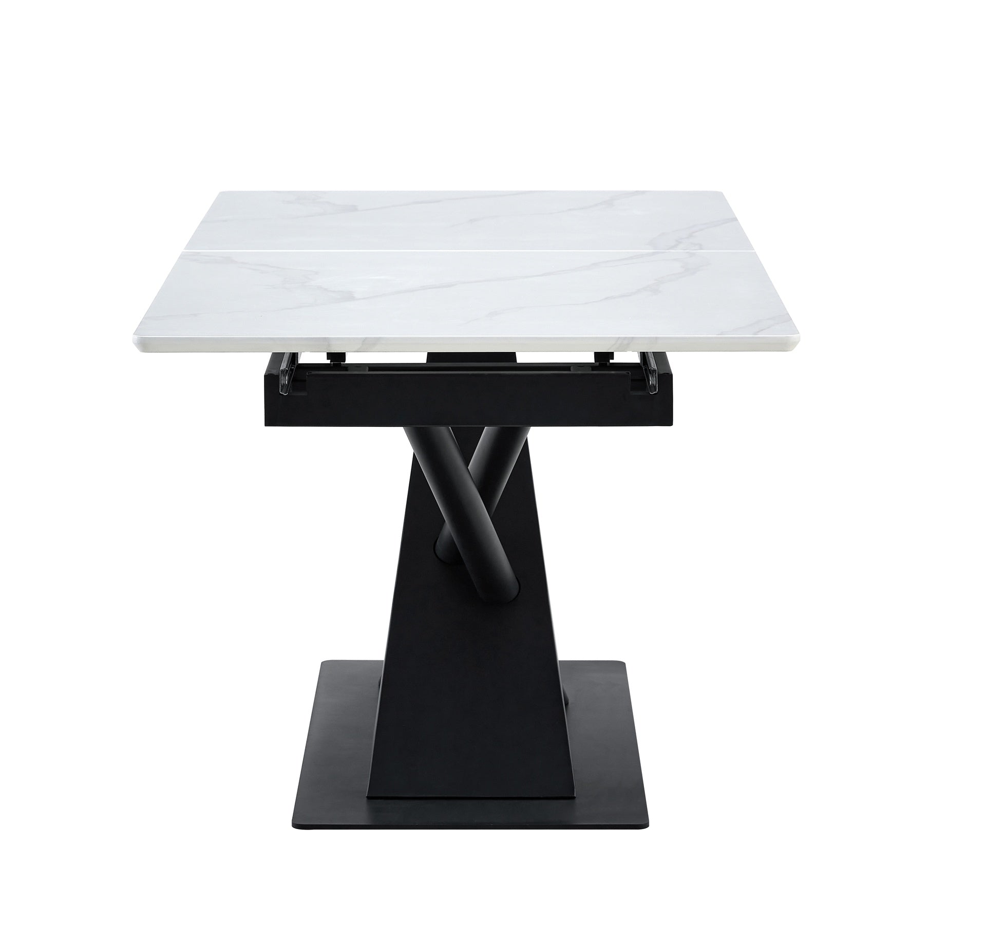 Modern Dining Table with White Marble MDF Veneer Paper Tabletop and Geometric X-Frame Metal Spray-Painted Legs, Sturdy Metal Base for Contemporary Kitchen or Dining Room (White Marble, 1 Table)
