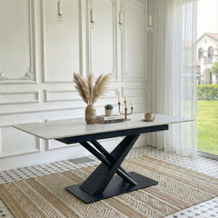 Modern Dining Table with White Marble MDF Veneer Paper Tabletop and Geometric X-Frame Metal Spray-Painted Legs, Sturdy Metal Base for Contemporary Kitchen or Dining Room (White Marble, 1 Table)
