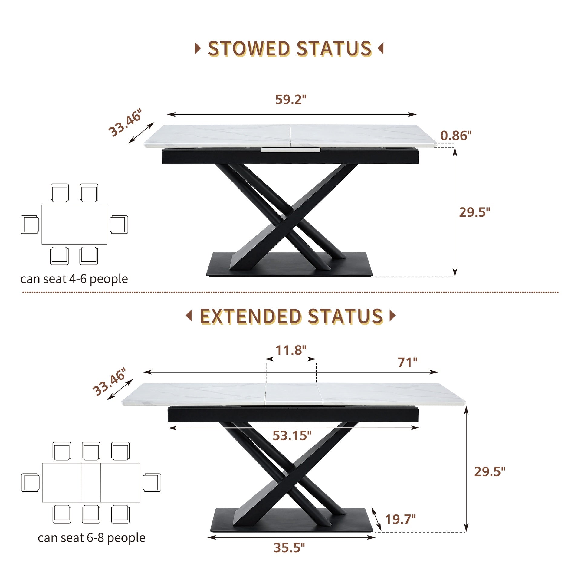 Modern Dining Table with White Marble MDF Veneer Paper Tabletop and Geometric X-Frame Metal Spray-Painted Legs, Sturdy Metal Base for Contemporary Kitchen or Dining Room (White Marble, 1 Table)