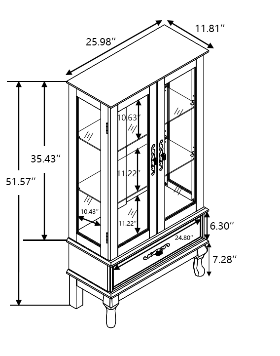 Lighted Curio Cabinet - Elegant Glass Display Cabinet with Adjustable Shelves, 2 Doors, and 1 Drawer - Wine Storage Sideboard with Included Bulb - Light Oak Finish