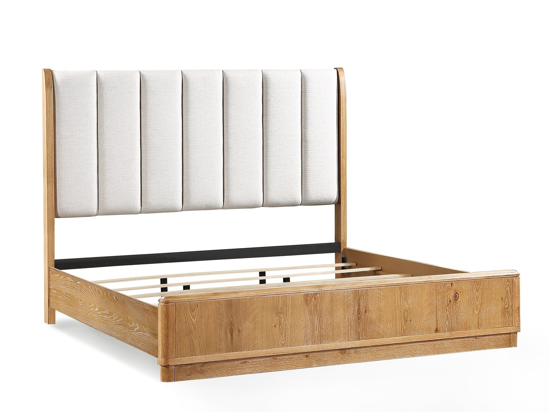 1pc Queen Bed Beautifully Off-White Upholstered Headboard Fram Rich Natural Wood Finish Brown Wooden Bedroom Furniture