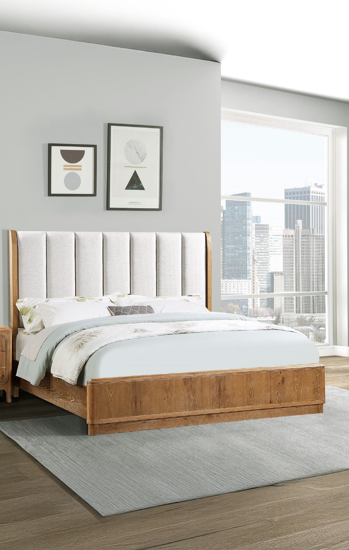 1pc Queen Bed Beautifully Off-White Upholstered Headboard Fram Rich Natural Wood Finish Brown Wooden Bedroom Furniture