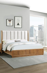1pc Queen Bed Beautifully Off-White Upholstered Headboard Fram Rich Natural Wood Finish Brown Wooden Bedroom Furniture