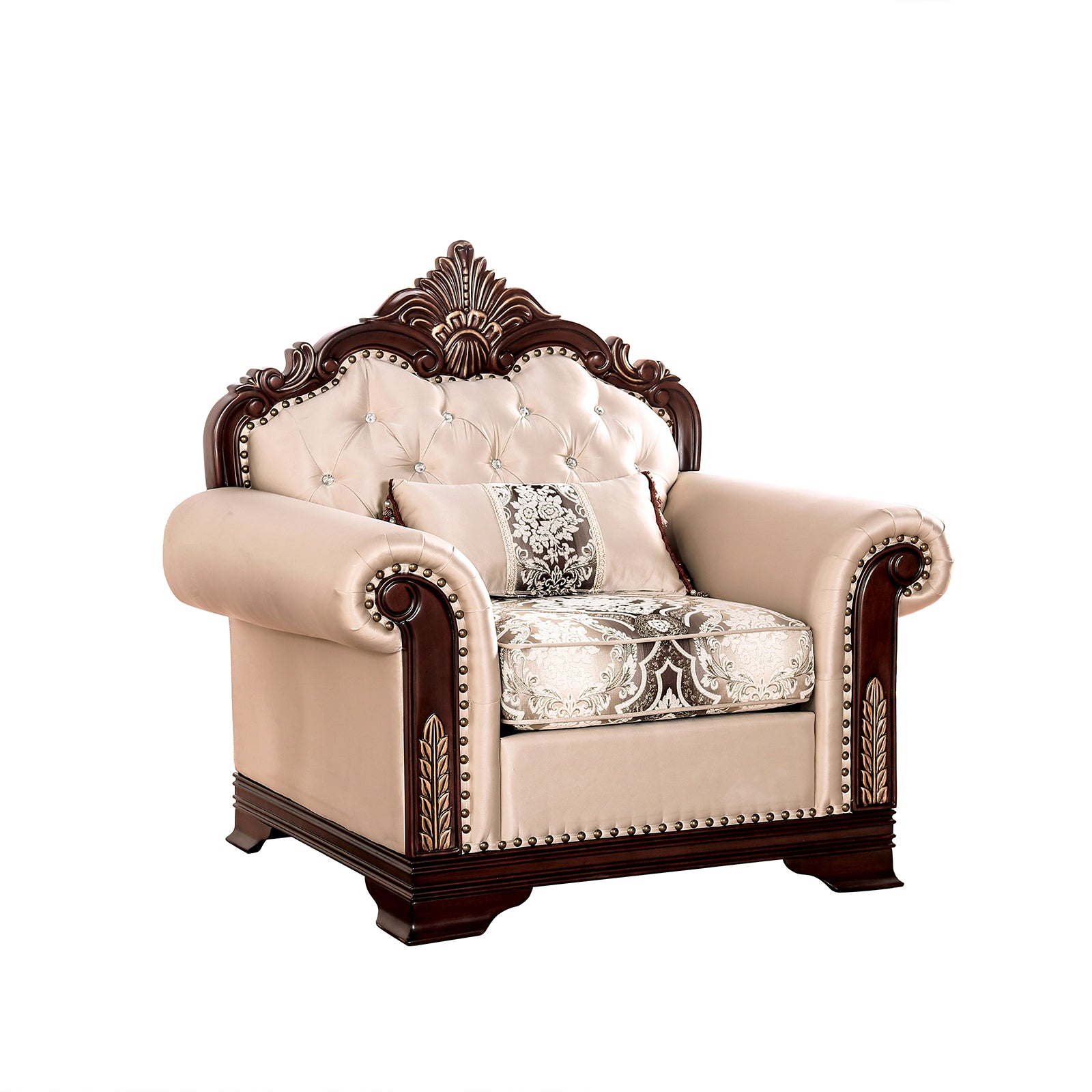 Dark Cherry And Beige Finish Traditional Style 1pc Chair Rolled Arms Edge Bracket Feet Curved Details Accent Pillow
