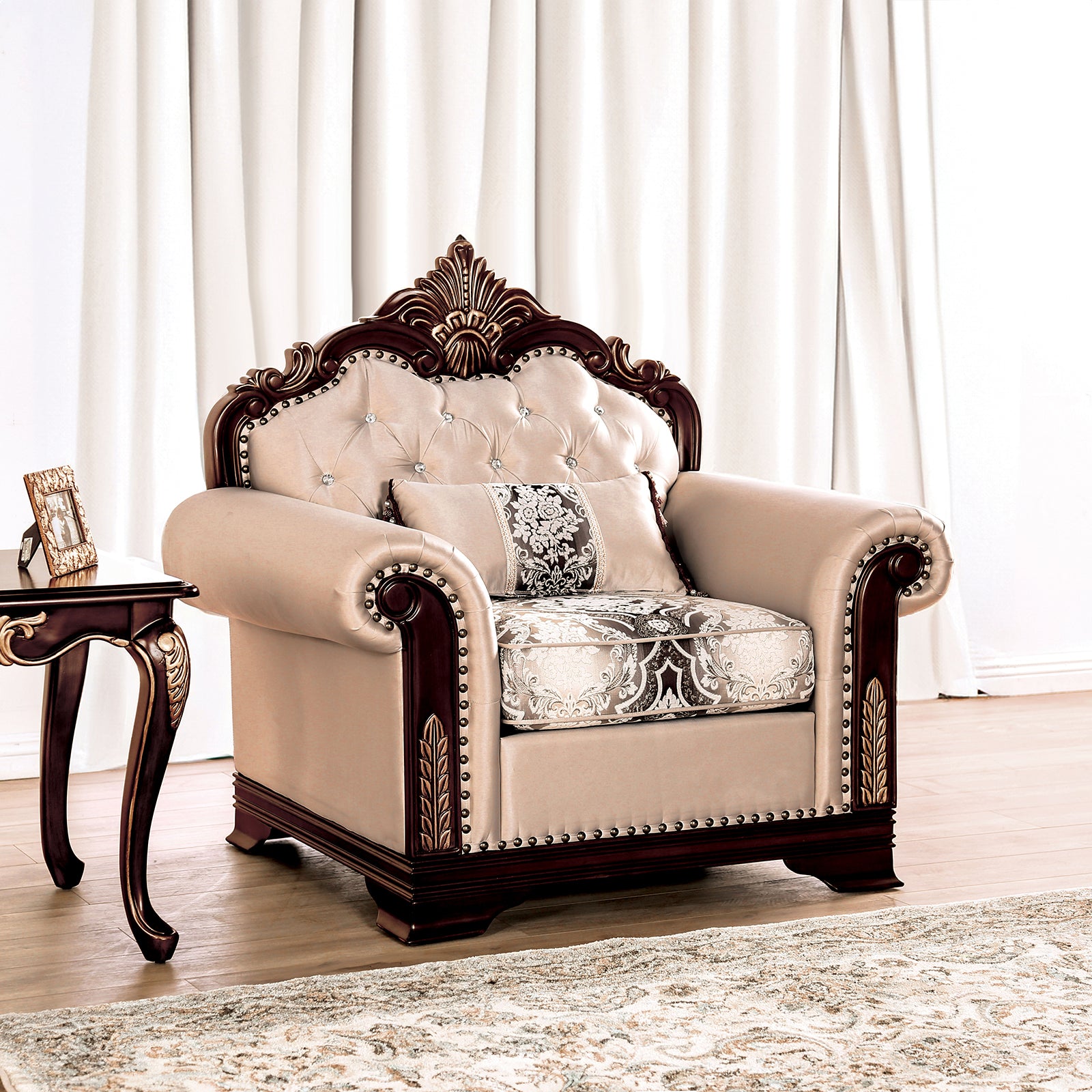 Dark Cherry And Beige Finish Traditional Style 1pc Chair Rolled Arms Edge Bracket Feet Curved Details Accent Pillow