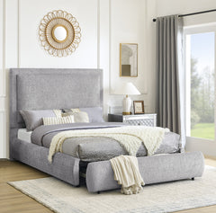 1pc Queen Size Luxurious Bed Frame Upholstered in a Soft Chenille Fabric High Padded Headboard Sleek Footboard Features Integrated Functionality Offering Hidden Storage Bedroom Furniture Pewter Color