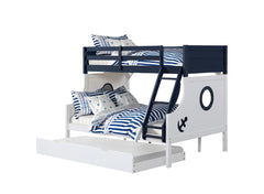 Twin Over Full Bunk Bed Modern Novelty Style Attached Ladder Upper Bed Rails And Lock Joint Structure For Safety Slat Kit Blue / White Finish Trundle Included