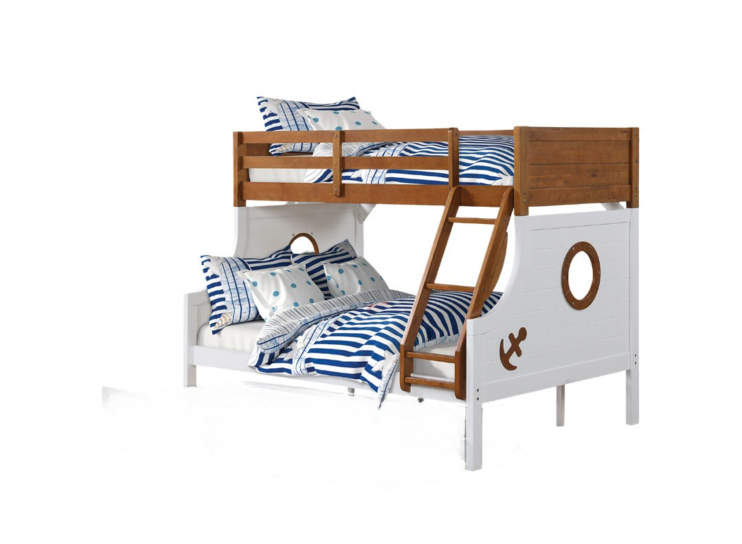 Modern Novelty Style Twin Over Full Bunk Bed With Attached Angled Ladder Rails And Lock Joint Structure For Safety Oak Finish Upper Bed White Finish Lower Bed Trundle Included