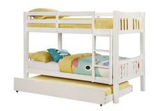 Transitional Style Wooden Bunk Bed Twin Over Twin Attached Footboard Ladder Rails And Lock Joint White  Trundle-Included