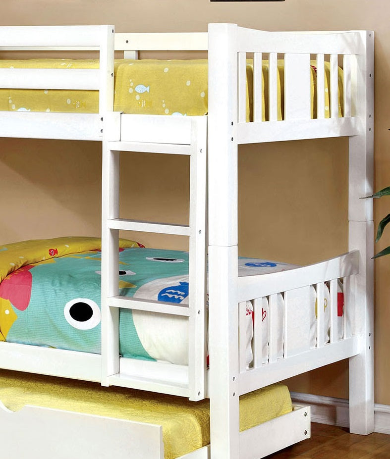 Transitional Style Wooden Bunk Bed Twin Over Twin Attached Footboard Ladder Rails And Lock Joint White  Trundle-Included