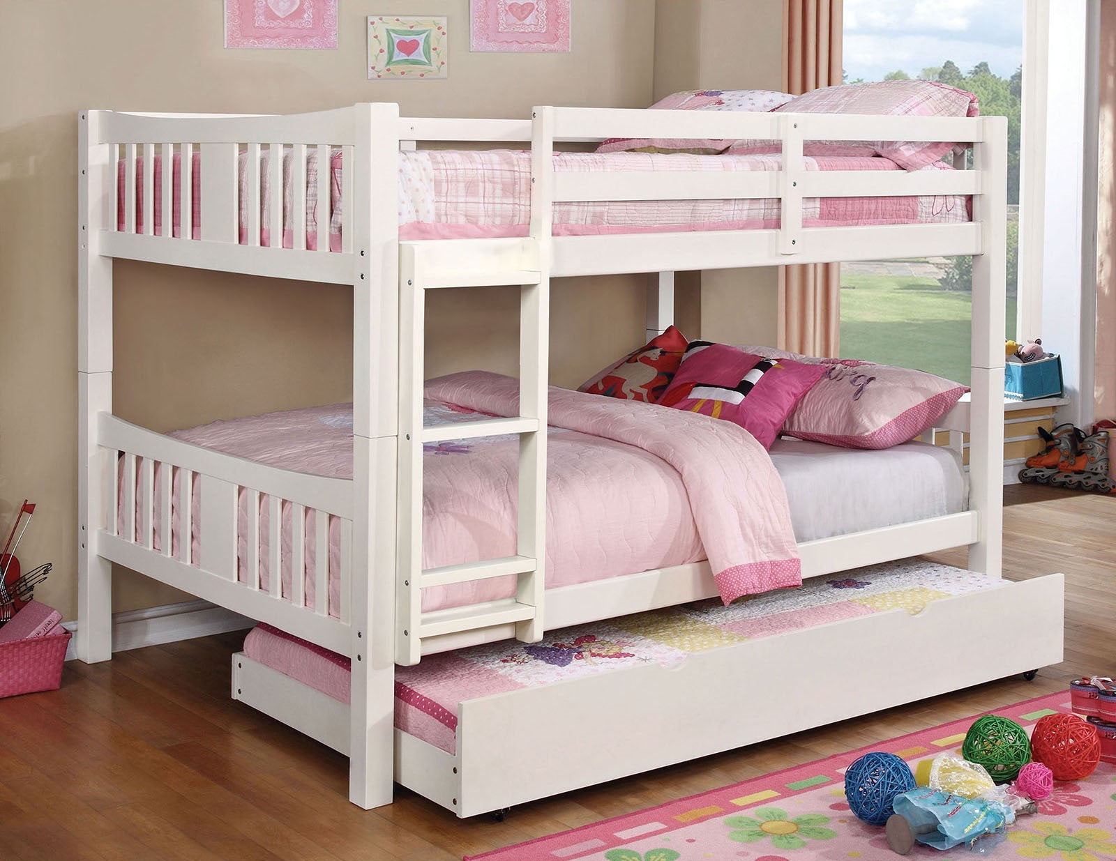 White Finish Full Over Full Bunk Bed Transitional Style Attached Ladder Upper Bed Rails Trundle-Included