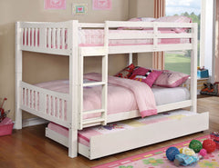 White Finish Full Over Full Bunk Bed Transitional Style Attached Ladder Upper Bed Rails Trundle-Included