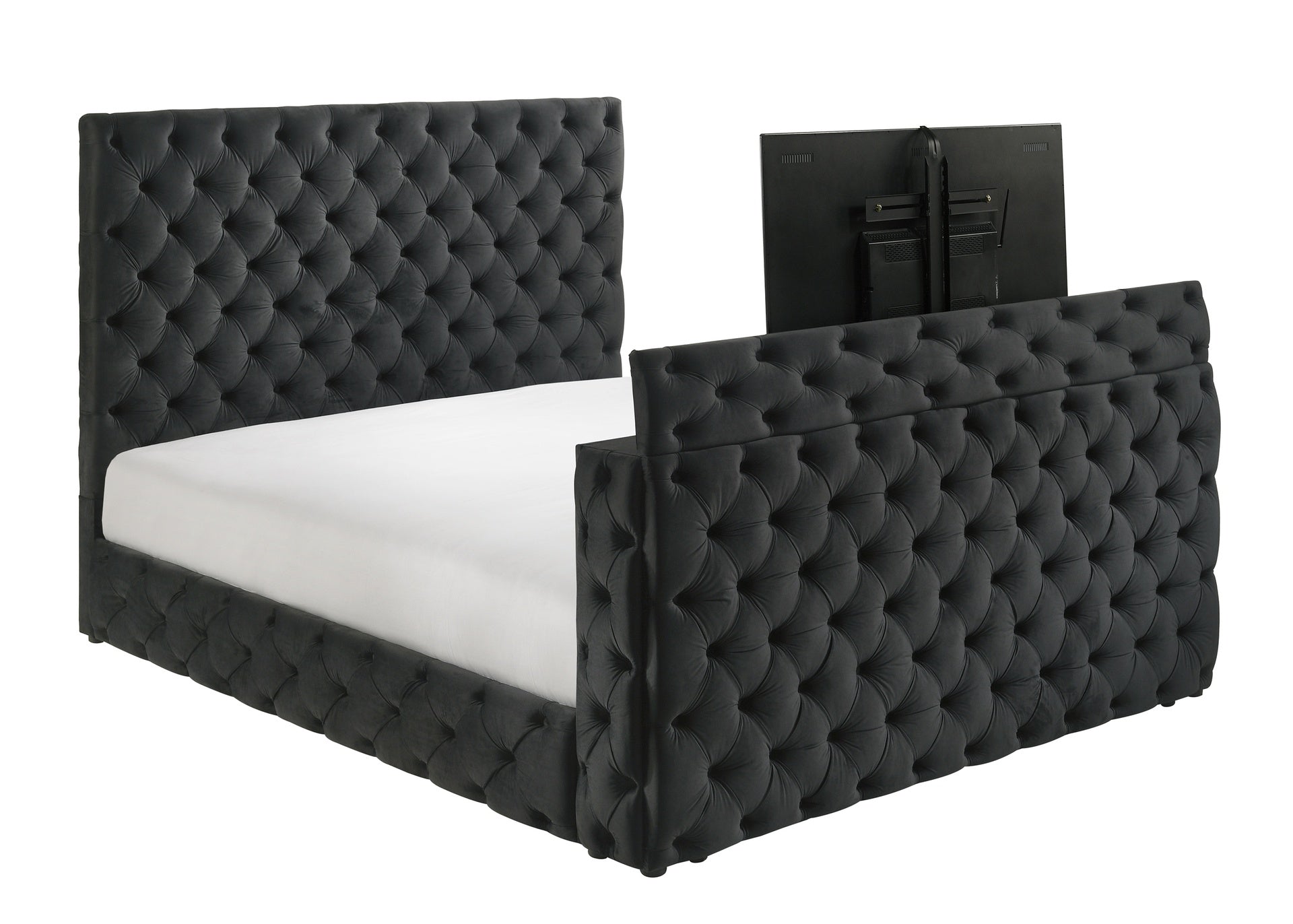 1pc Luxurious Queen Size Bed Deeply Tufted Headboard Nail Head Trim Upholstered Black Velvet Footboard Integrated Television Lift Mechanism Storage Furniture