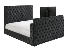 1pc Luxurious Queen Size Bed Deeply Tufted Headboard Nail Head Trim Upholstered Black Velvet Footboard Integrated Television Lift Mechanism Storage Furniture