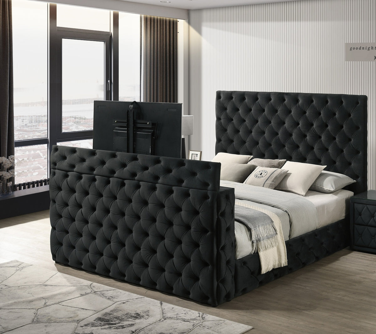 1pc Luxurious Queen Size Bed Deeply Tufted Headboard Nail Head Trim Upholstered Black Velvet Footboard Integrated Television Lift Mechanism Storage Furniture
