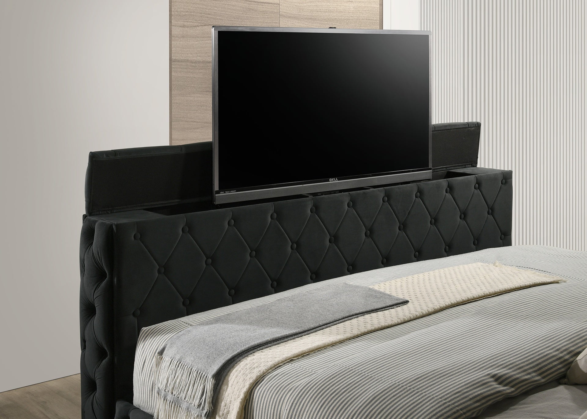 1pc Luxurious Queen Size Bed Deeply Tufted Headboard Nail Head Trim Upholstered Black Velvet Footboard Integrated Television Lift Mechanism Storage Furniture