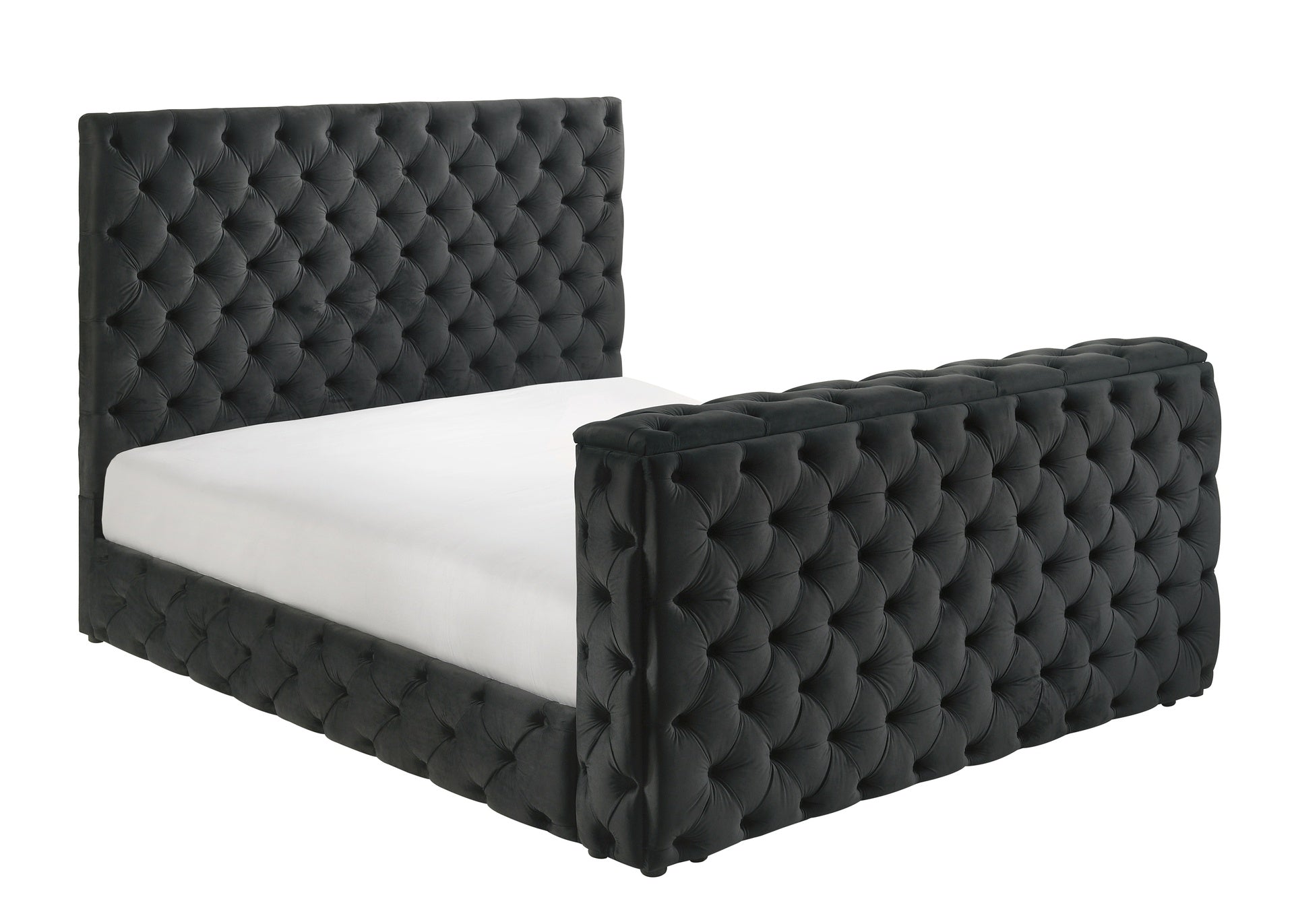 1pc Luxurious Queen Size Bed Deeply Tufted Headboard Nail Head Trim Upholstered Black Velvet Footboard Integrated Television Lift Mechanism Storage Furniture