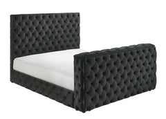 1pc Luxurious Queen Size Bed Deeply Tufted Headboard Nail Head Trim Upholstered Black Velvet Footboard Integrated Television Lift Mechanism Storage Furniture