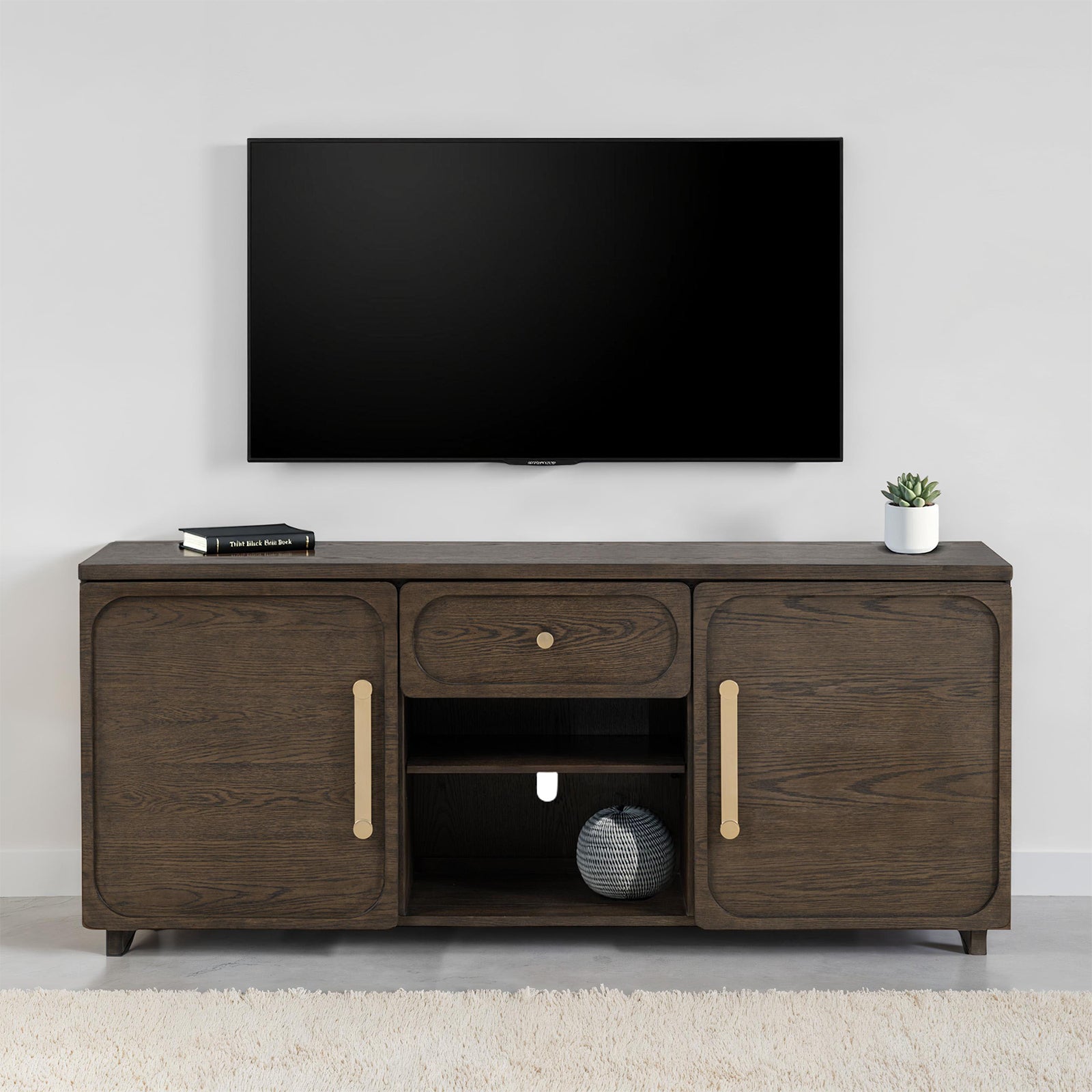 Transitional Style 1pc TV Console Gold Handles And Knob Recessed Panels Dark Walnut Finish