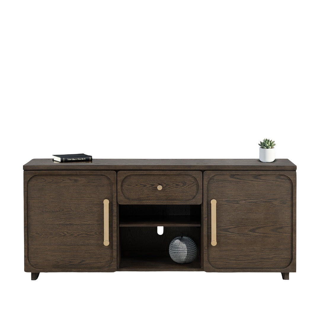 Transitional Style 1pc TV Console Gold Handles And Knob Recessed Panels Dark Walnut Finish