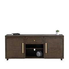Transitional Style 1pc TV Console Gold Handles And Knob Recessed Panels Dark Walnut Finish