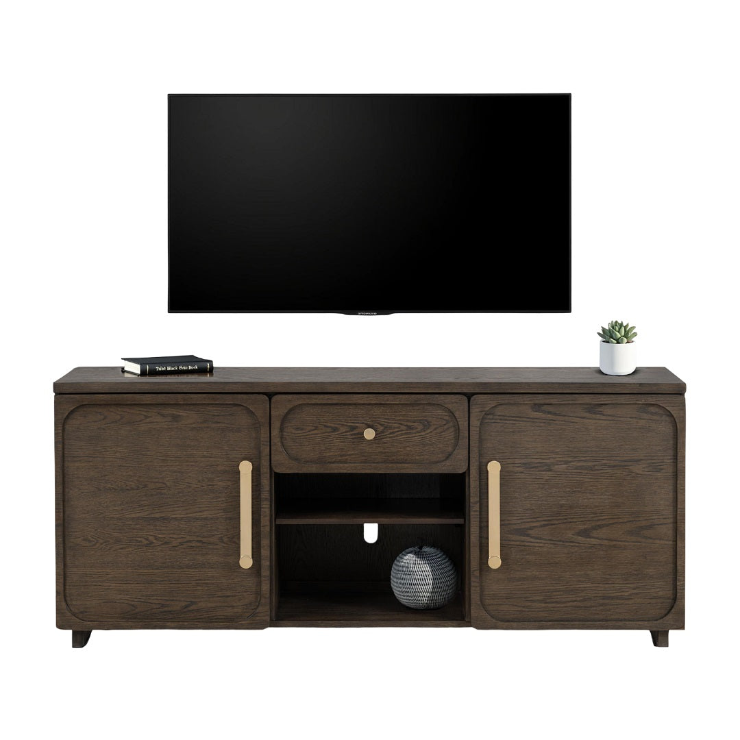 Transitional Style 1pc TV Console Gold Handles And Knob Recessed Panels Dark Walnut Finish
