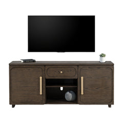 Transitional Style 1pc TV Console Gold Handles And Knob Recessed Panels Dark Walnut Finish
