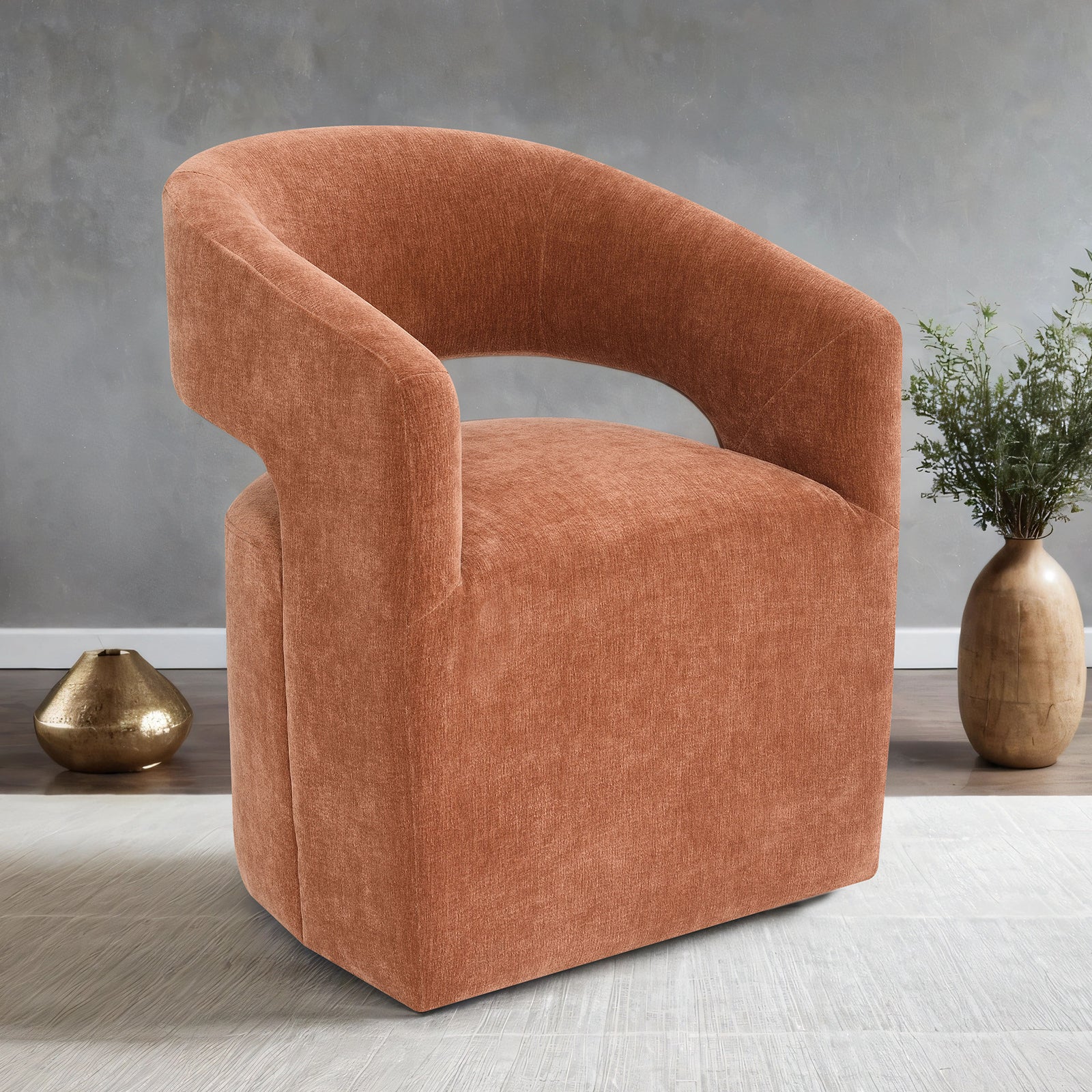 Rustic Orange Finish Contemporary Style 1pc Arm Chair With Caster Barrel Back Design Neutral Textured Fabric Primary Living Room