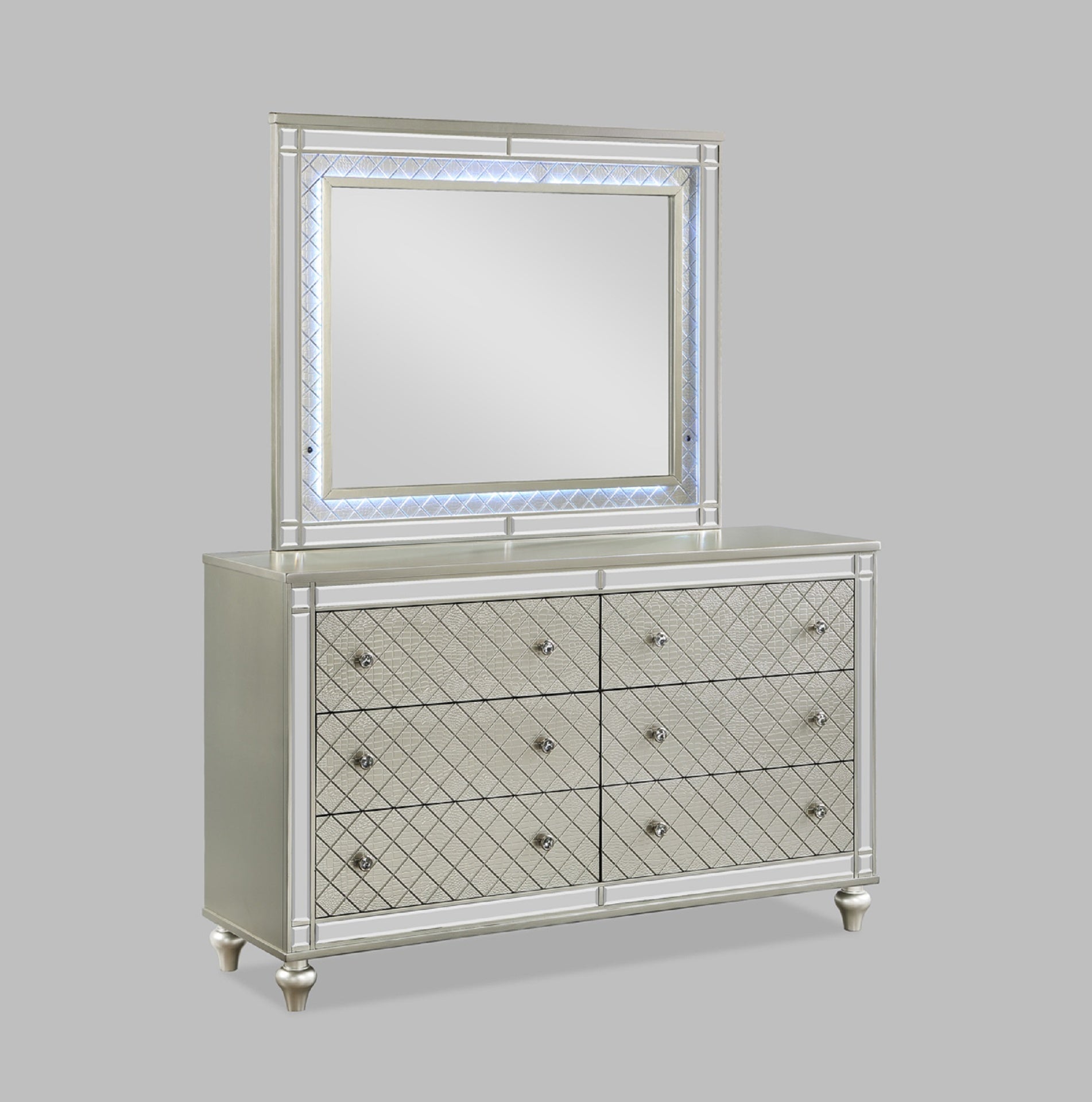 1pc Glam 6-Drawer Bedroom Dresser Diamond Patterned Drawer Fronts Silver Finish