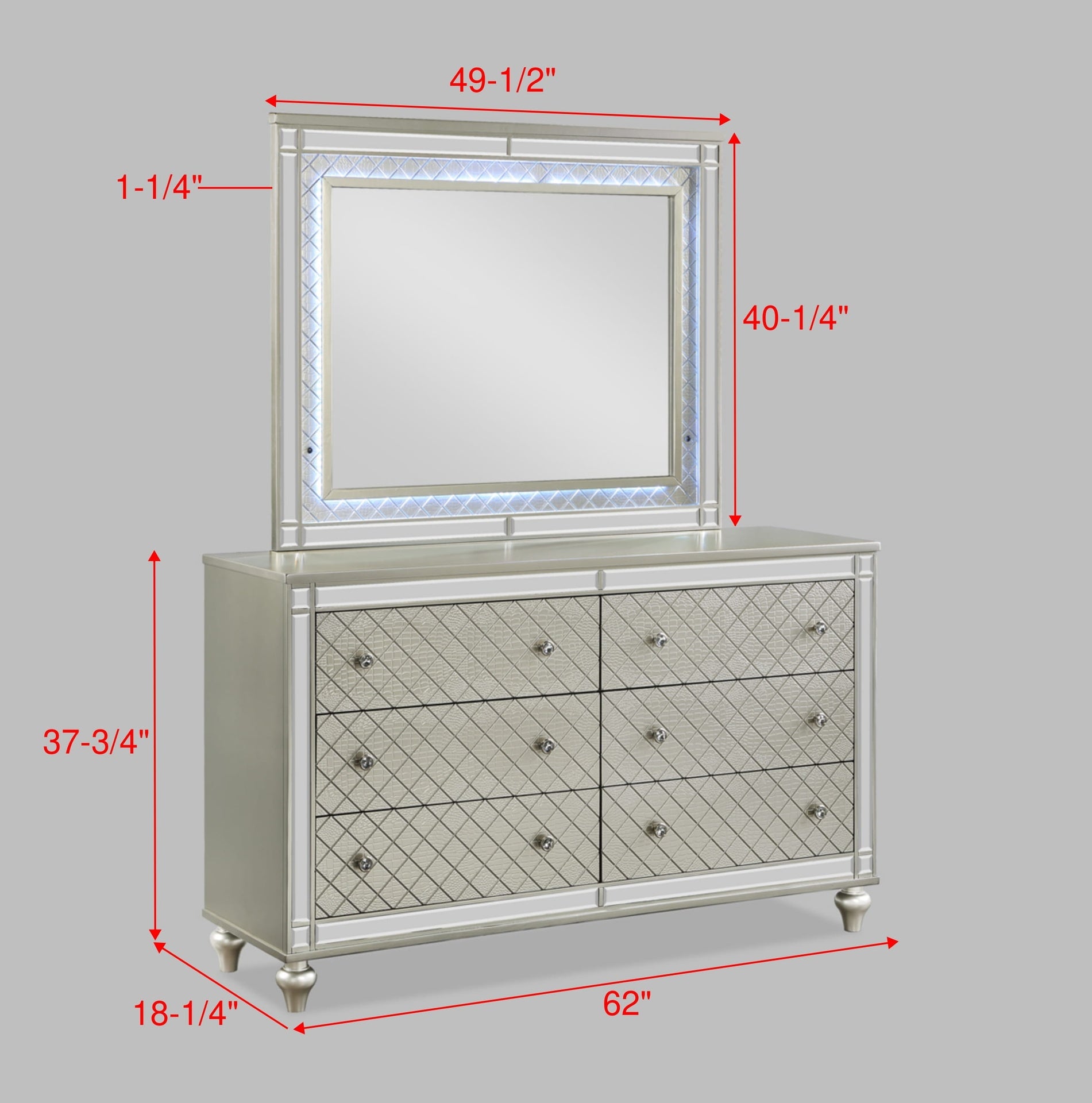 1pc Glam 6-Drawer Bedroom Dresser Diamond Patterned Drawer Fronts Silver Finish