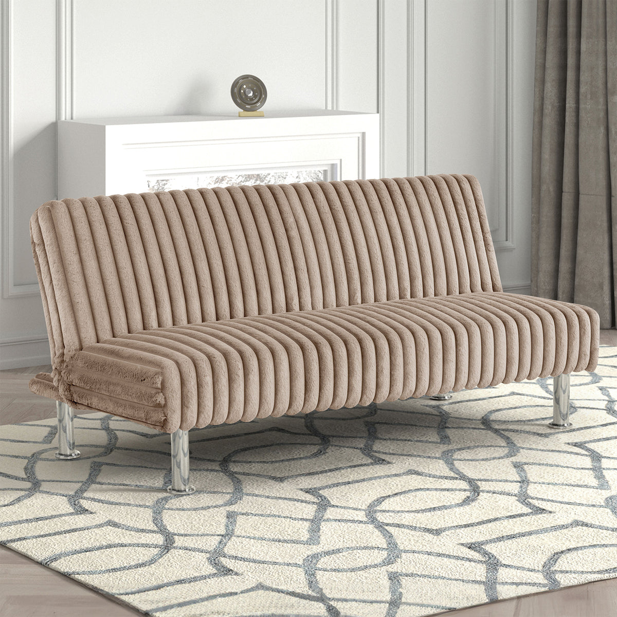 Futon Sofa Contemporary Style Easy Convert Into Bed With Extra Support Leg Armless Chrome Finish Base Legs Taupe Finish