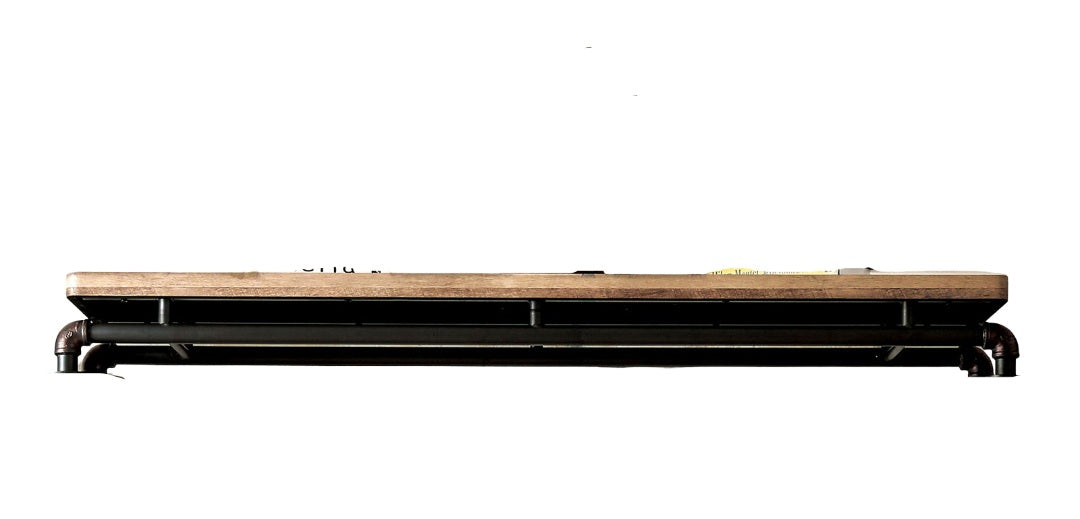 Industrial Style TV Console Bridge Pipe Inspired Frame Metal And Wood Structure Antique Black And Natural Tone Finish