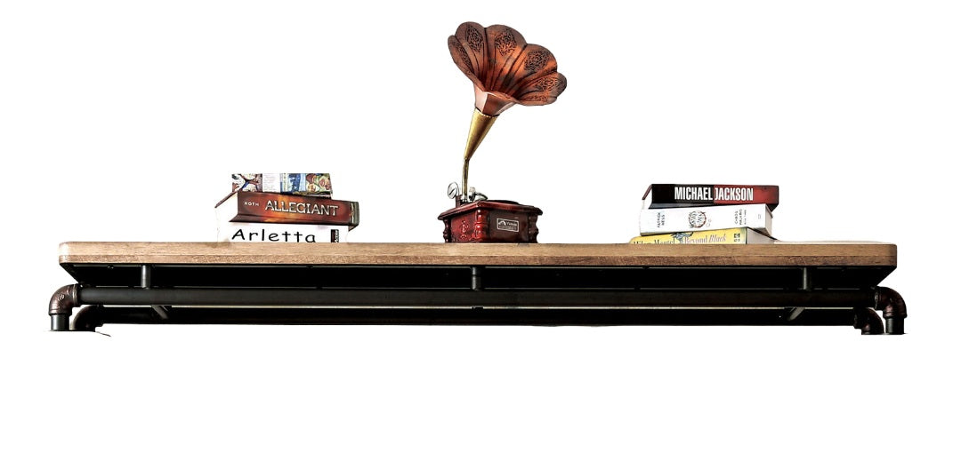 Industrial Style TV Console Bridge Pipe Inspired Frame Metal And Wood Structure Antique Black And Natural Tone Finish