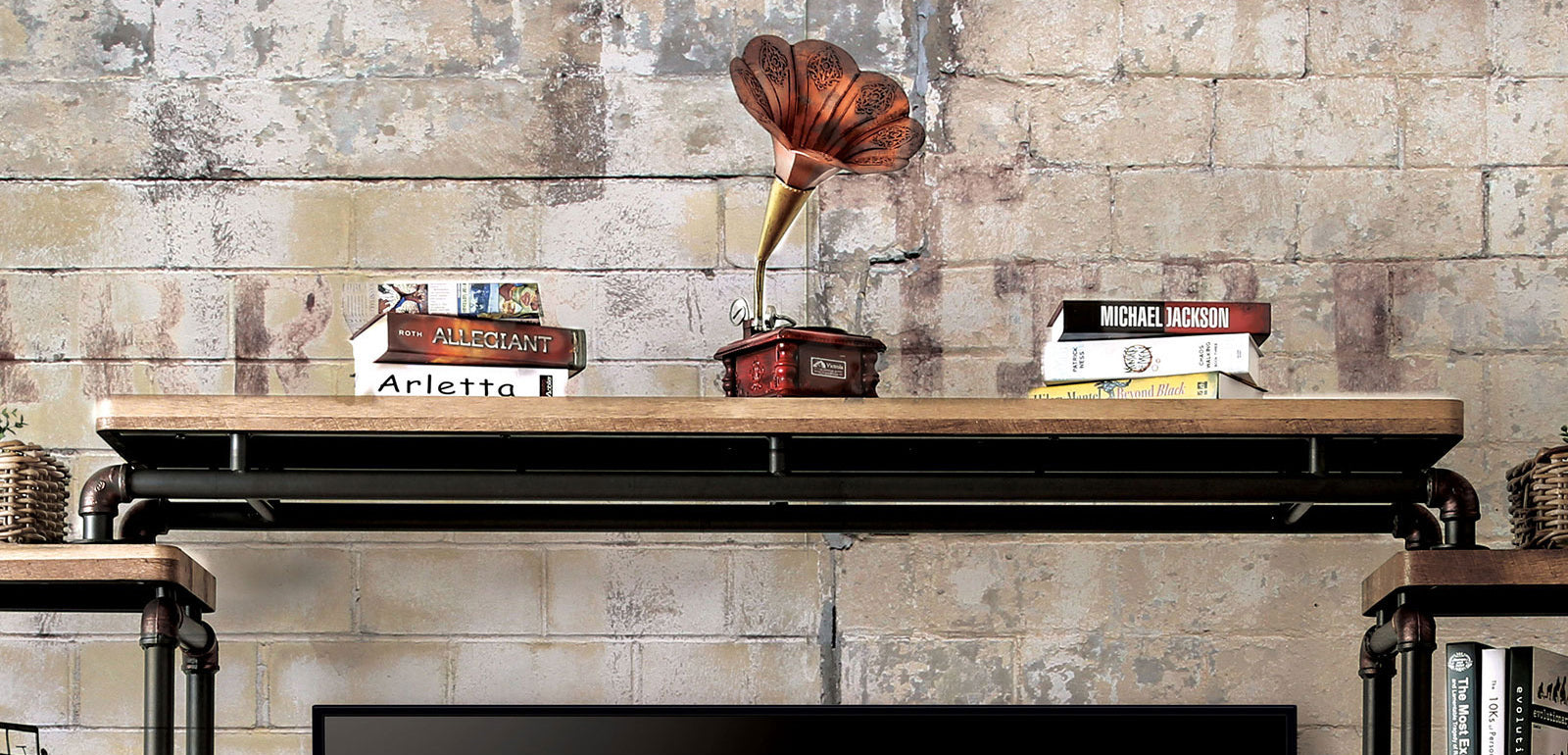 Industrial Style TV Console Bridge Pipe Inspired Frame Metal And Wood Structure Antique Black And Natural Tone Finish