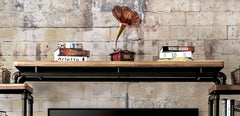 Industrial Style TV Console Bridge Pipe Inspired Frame Metal And Wood Structure Antique Black And Natural Tone Finish