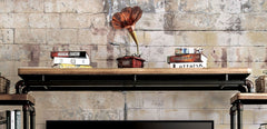 Industrial Style TV Console Bridge Pipe Inspired Frame Metal And Wood Structure Antique Black And Natural Tone Finish