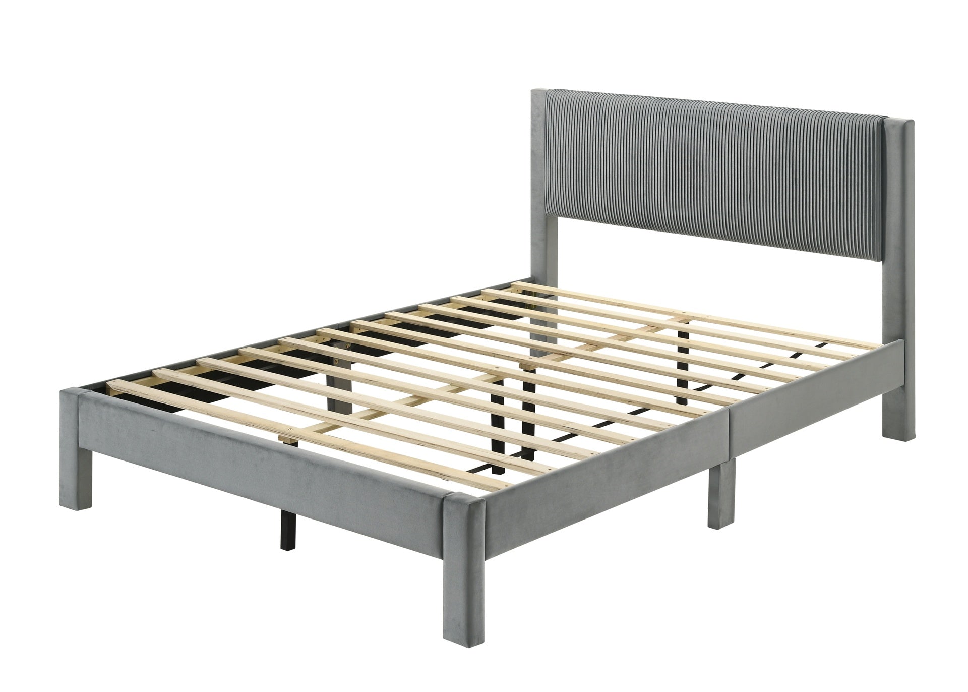 1pc Contemporary Plush Upholstered Headboard Ribbed Texture Low-profile Frame Unobtrusive Legs Full Platform Bed Light Gray Bedroom Furniture