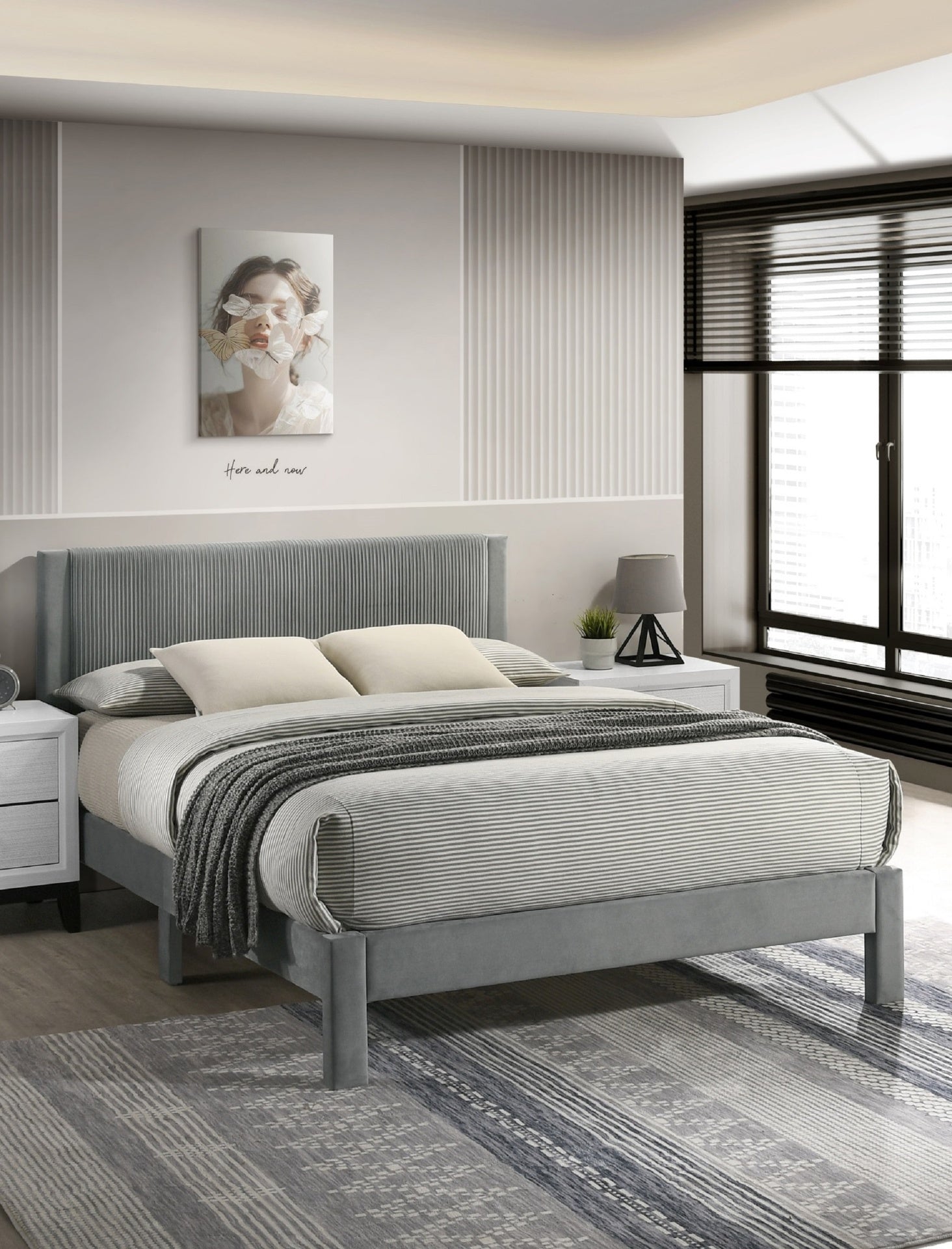 1pc Contemporary Plush Upholstered Headboard Ribbed Texture Low-profile Frame Unobtrusive Legs Full Platform Bed Light Gray Bedroom Furniture