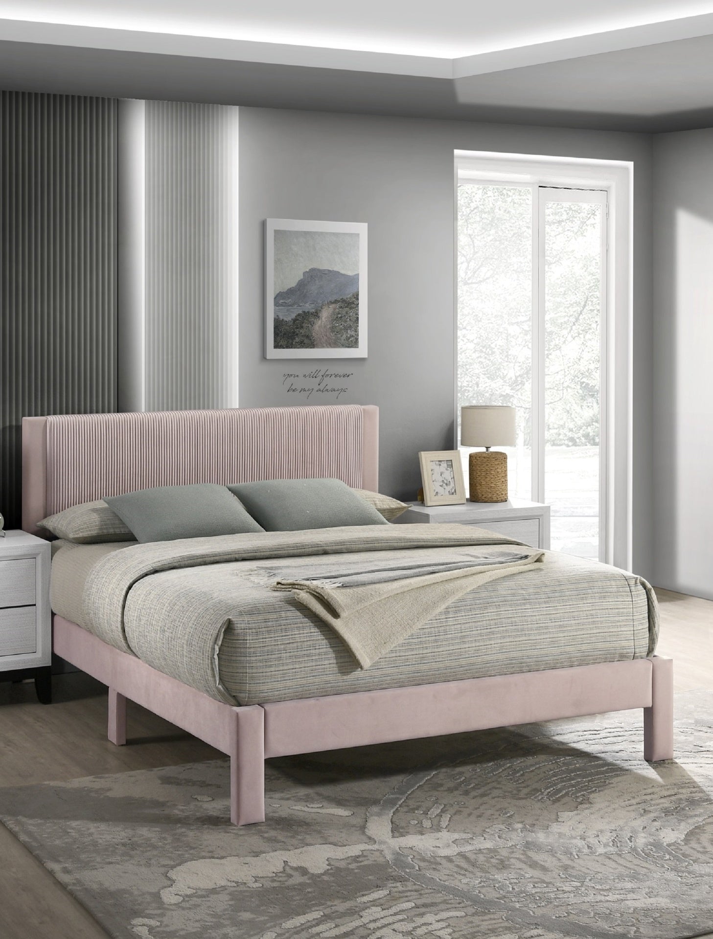 1pc Contemporary Plush Upholstered Headboard Ribbed Texture Low-profile Frame Unobtrusive Legs Full Platform Bed Pink Bedroom Furniture