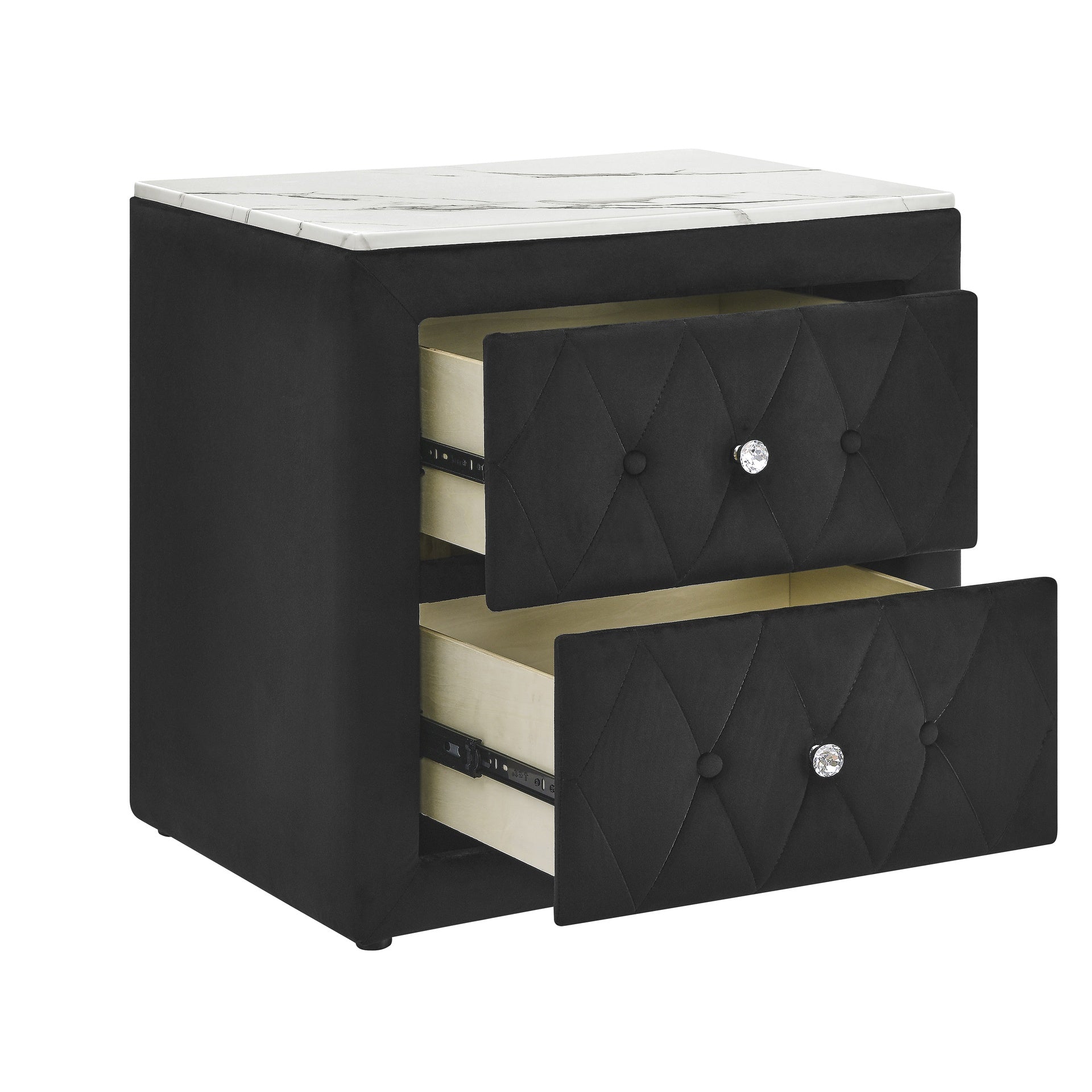 1pc Black Nightstand Upholstery Fabric Faux Marble Top Two Storage Drawers Wooden Bedroom Furniture