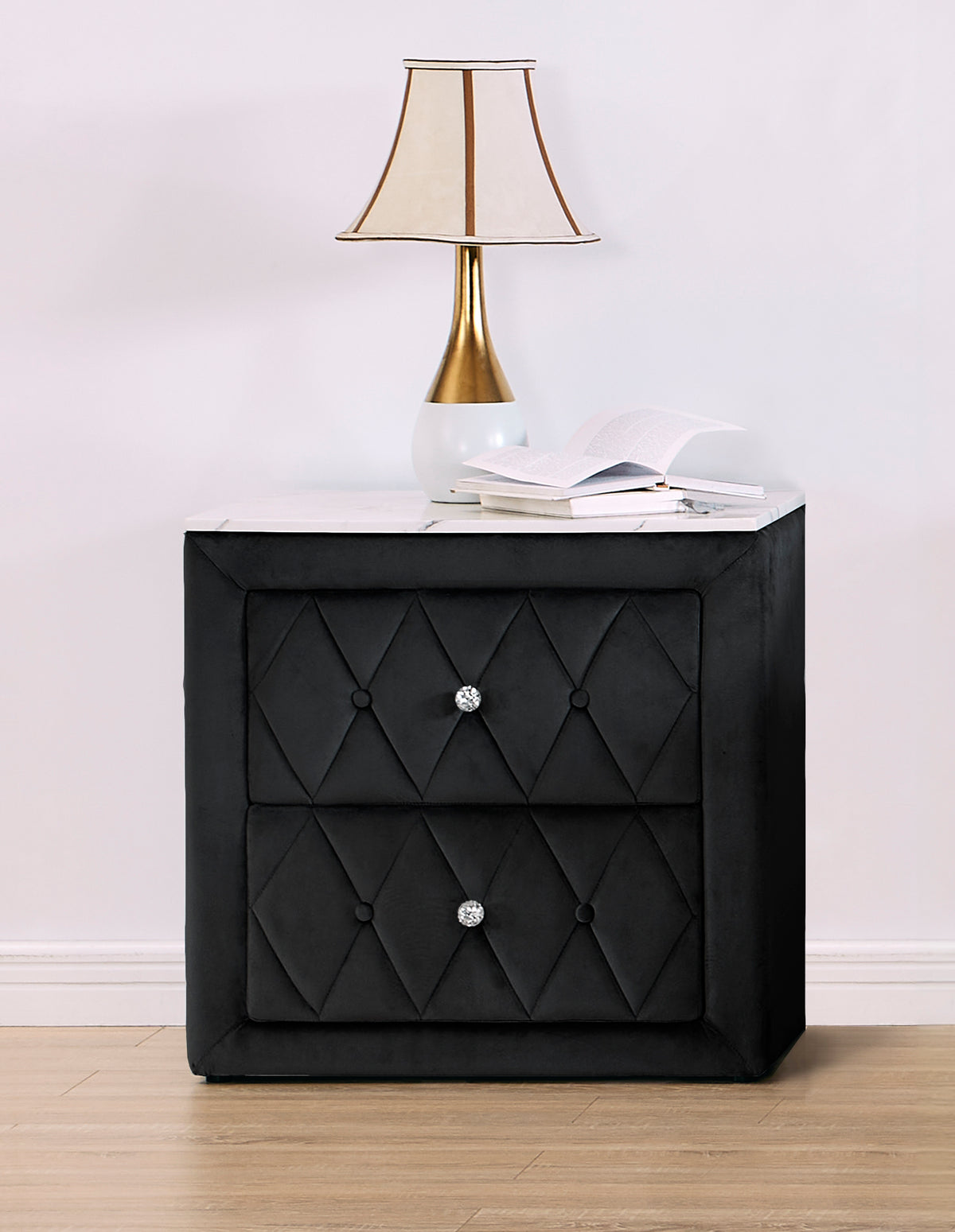 1pc Black Nightstand Upholstery Fabric Faux Marble Top Two Storage Drawers Wooden Bedroom Furniture